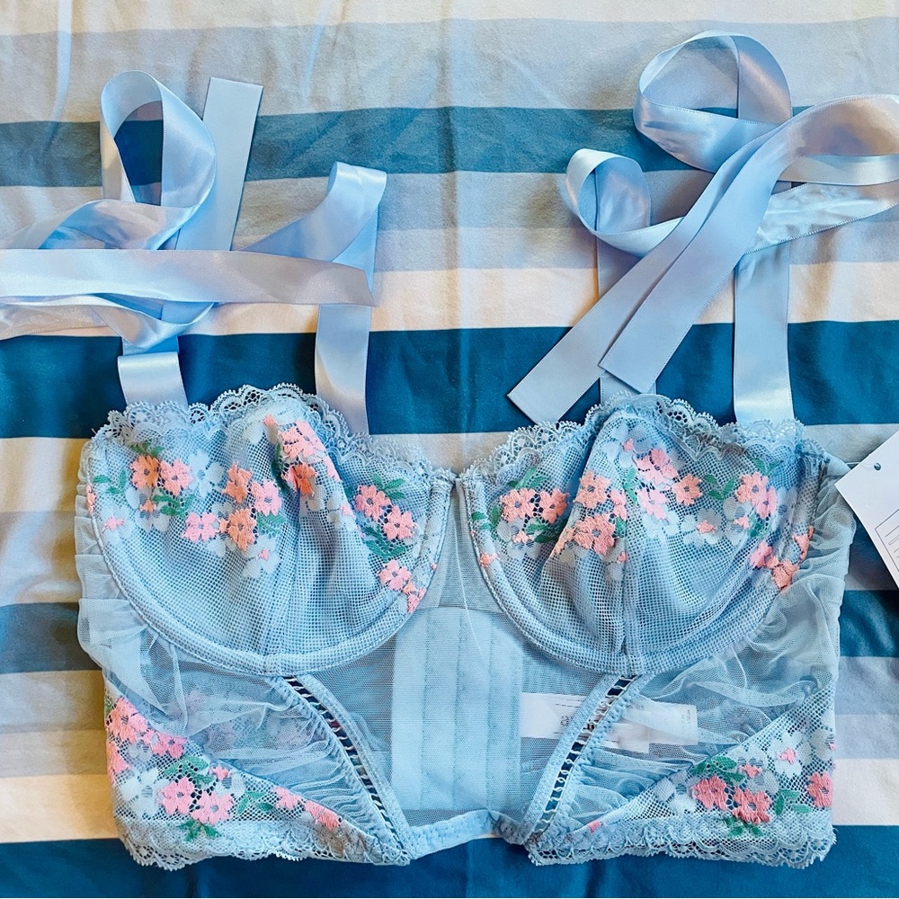 New Auden Small Floral Lace Bralette in Light Blue and Pink